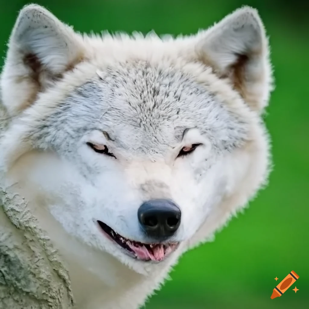 muddy white wolf with a happy expression