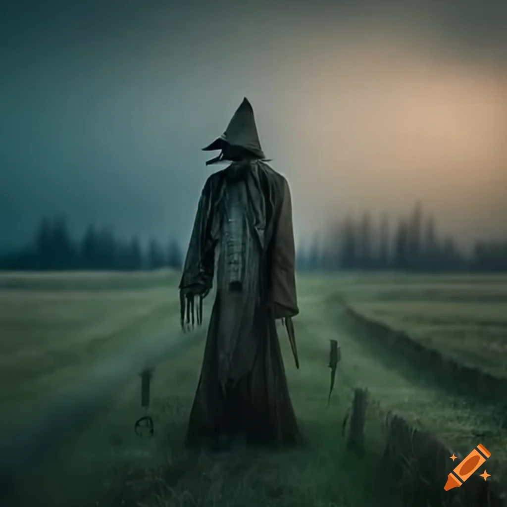 haunting image of a scarecrow in a field