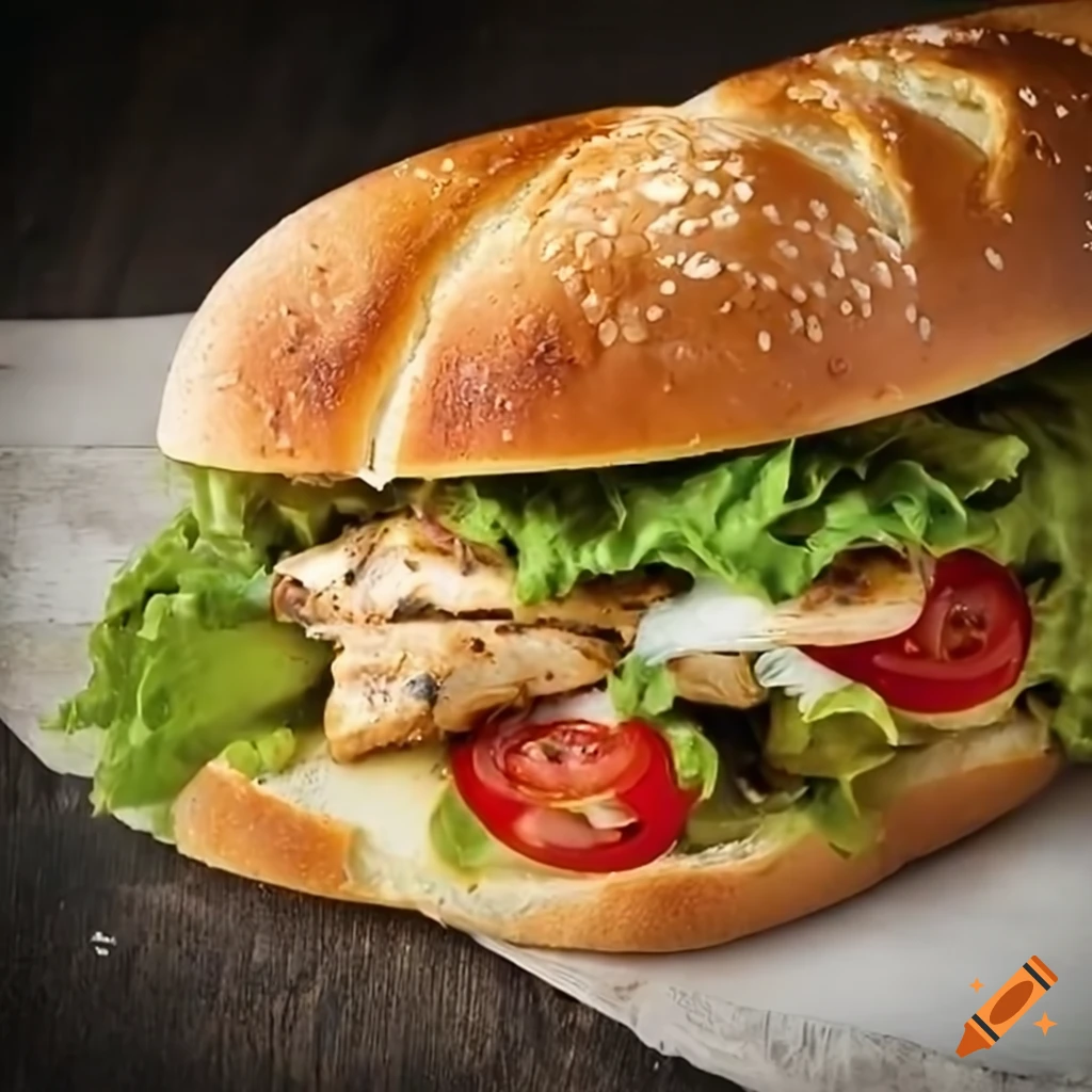 grilled chicken sandwich with lettuce, tomato, and avocado aioli