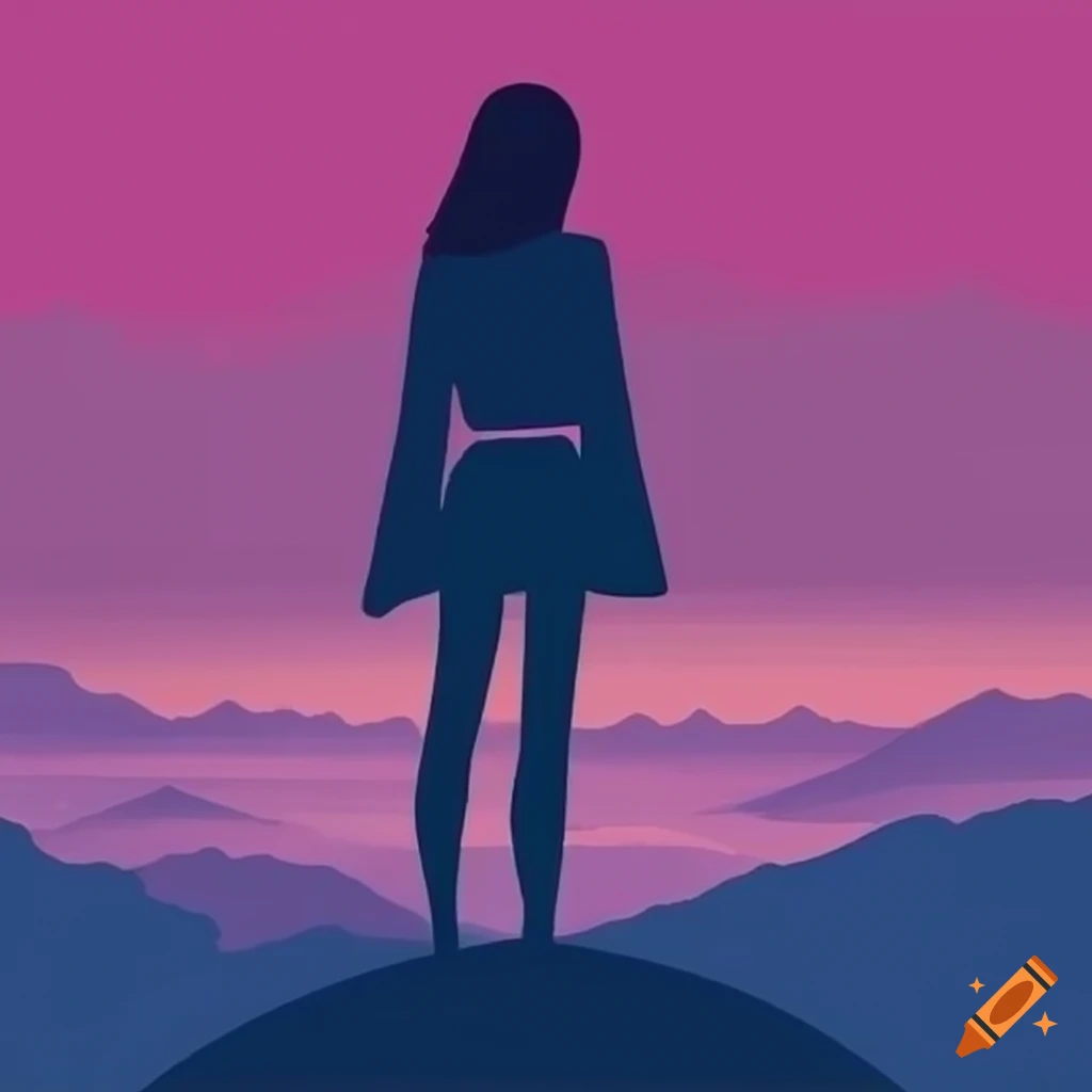 silhouette of a person with red hair overlooking a valley