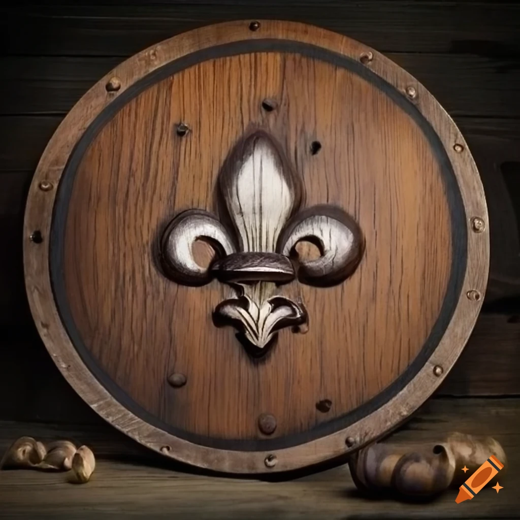 hand-carved wooden buckler shield with fleur de lis design