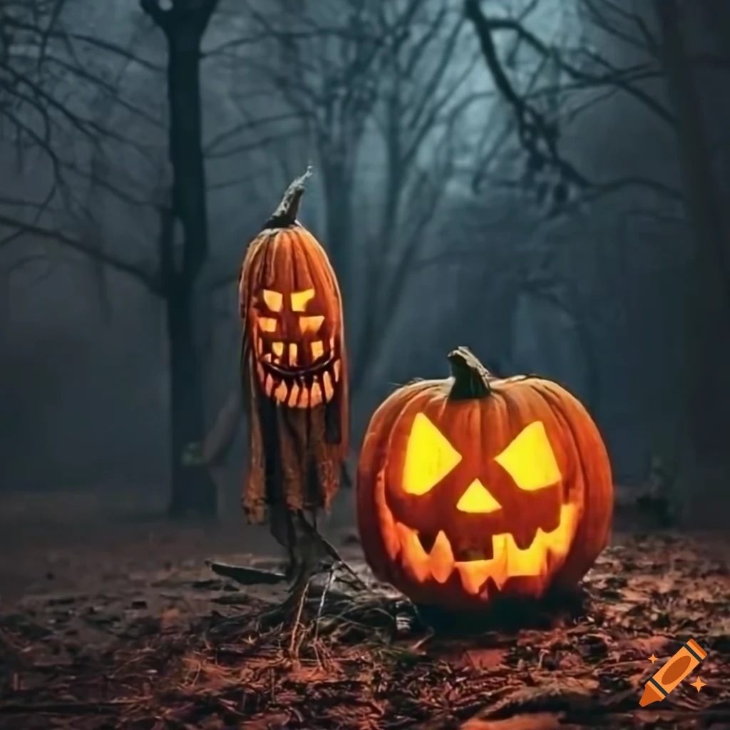 spooky scarecrow with pumpkin face at night