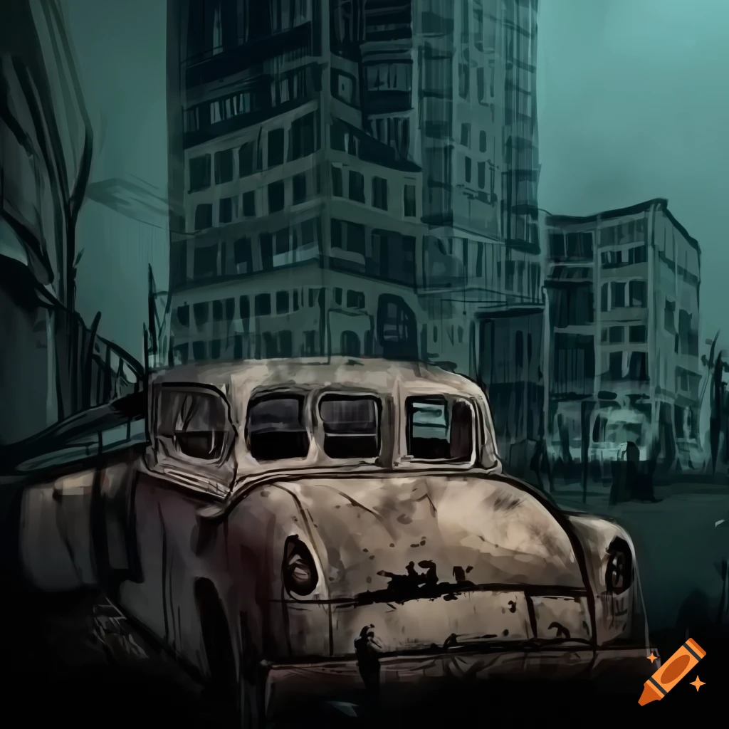 digital drawing of an abandoned city with a crashed car