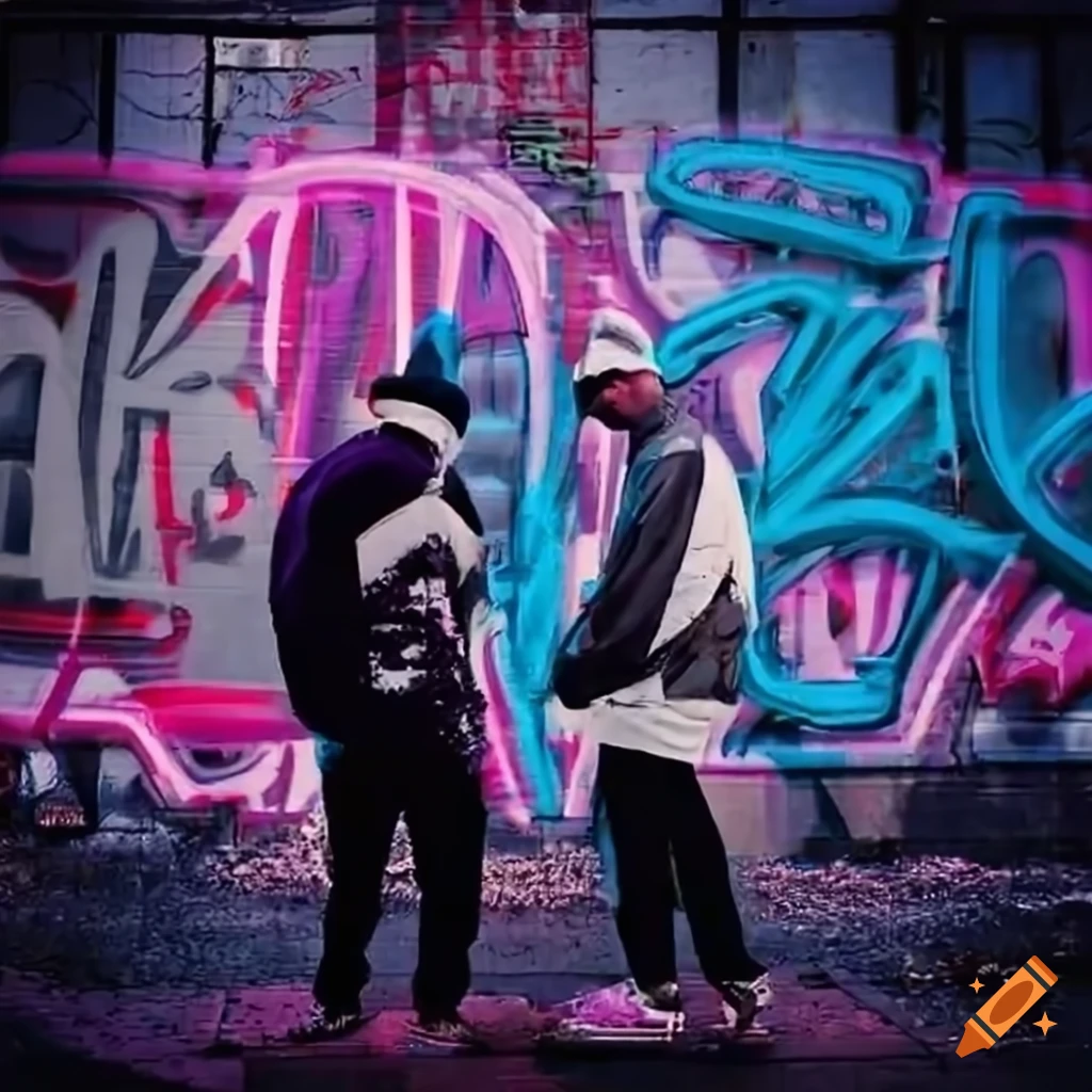 rappers posing in front of neon graffiti