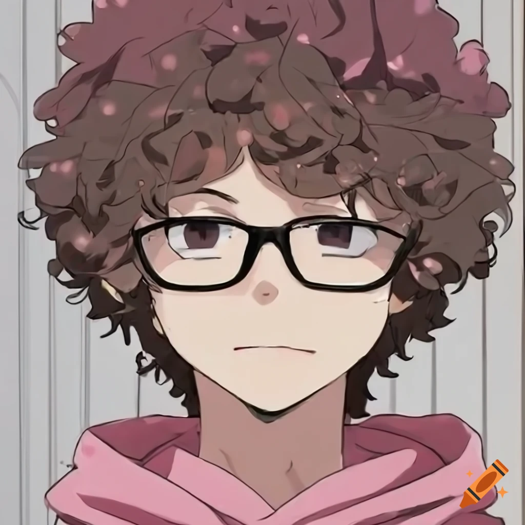 anime guy with curly dark brown hair and glasses
