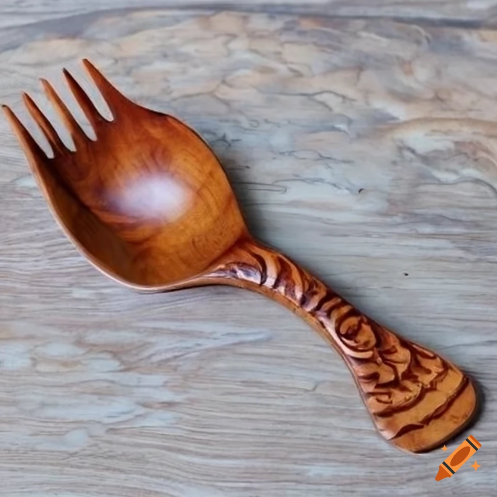 handcrafted wooden spork with carvings