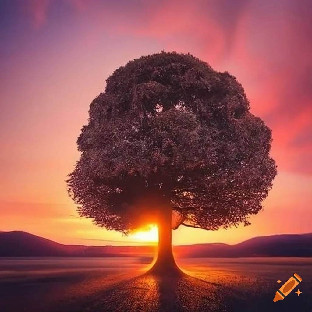 Tree blocking view of sunset on Craiyon
