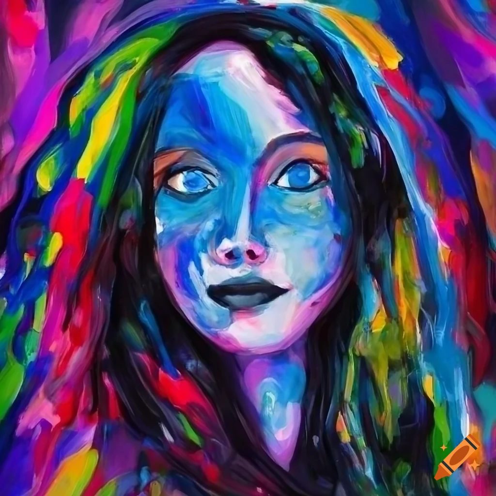 Abstract painting of a person with long hair and blue eyes on Craiyon