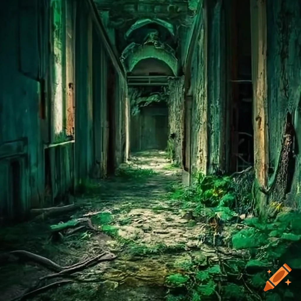 image of an abandoned school overtaken by vegetation