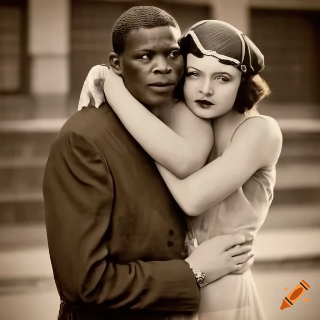 vintage portrait of a diverse couple embracing in the 1920s