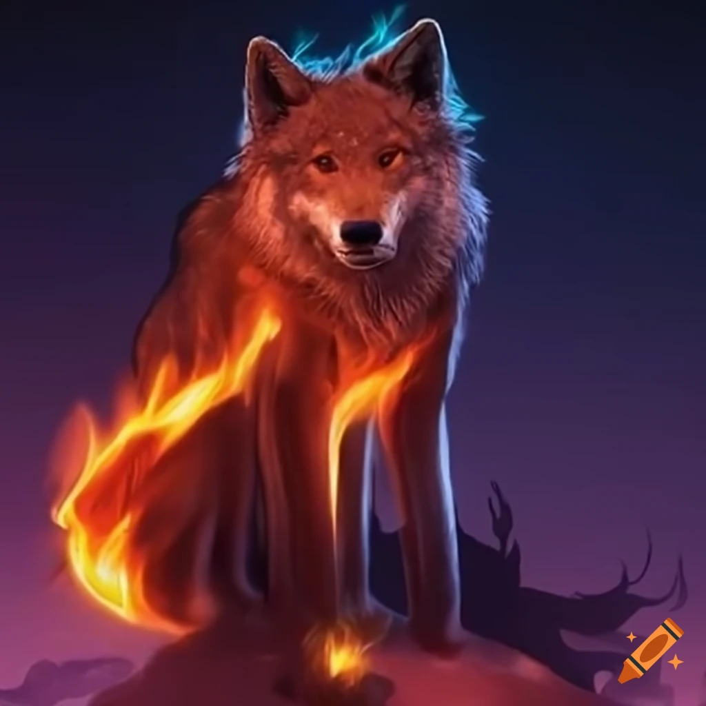 flame wolf with fiery red fur and golden eyes