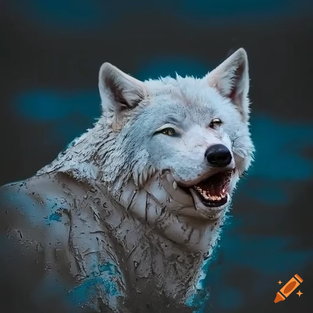 artwork of a muddy white wolf