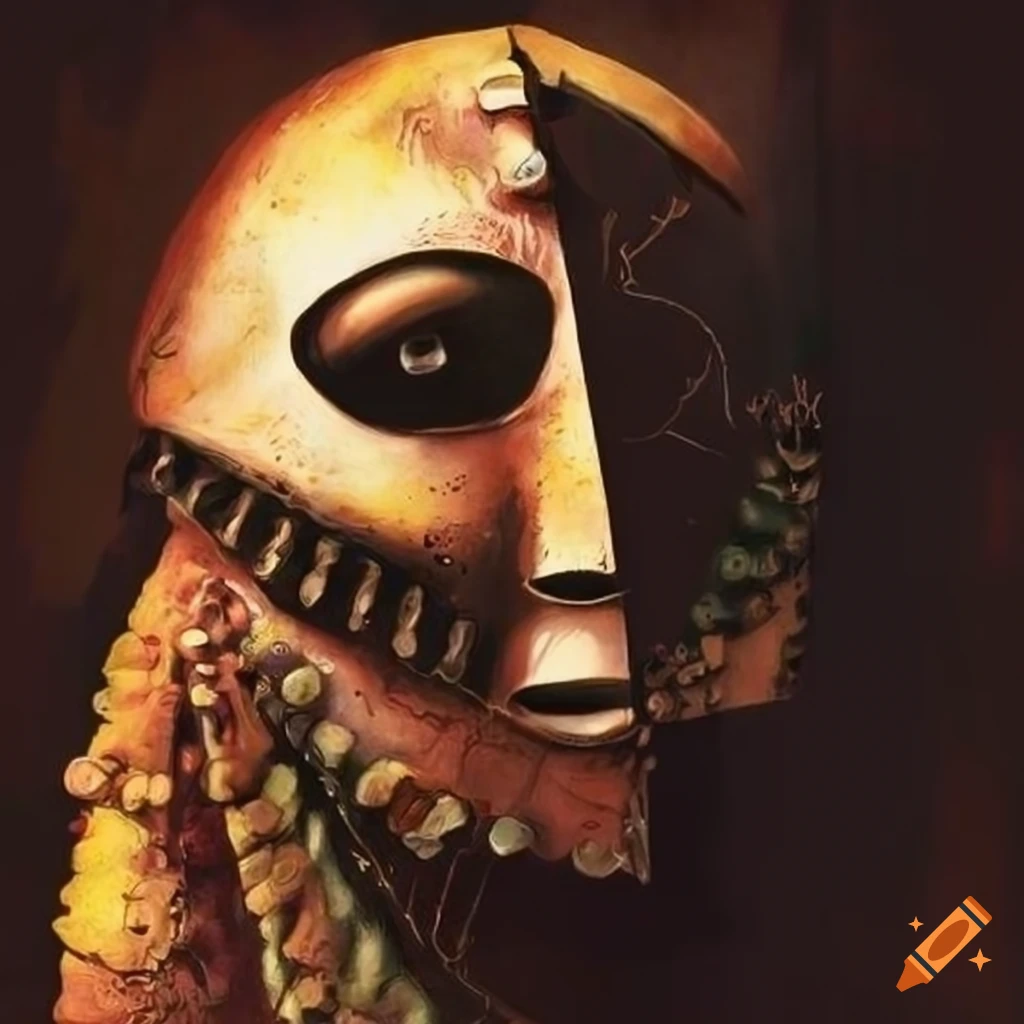artwork of Onibaba playing a Biwa with metal mask