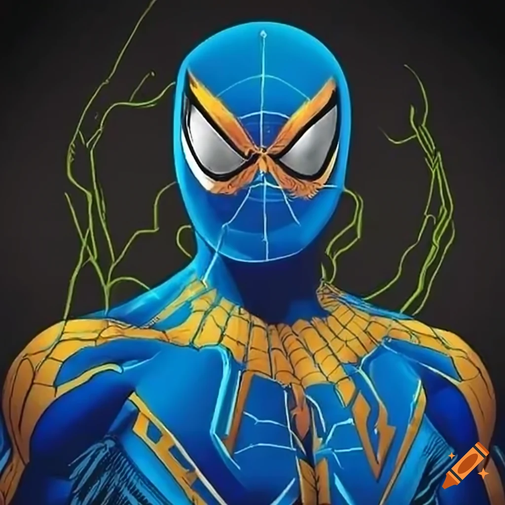 Spiderman in a blue and yellow suit on Craiyon