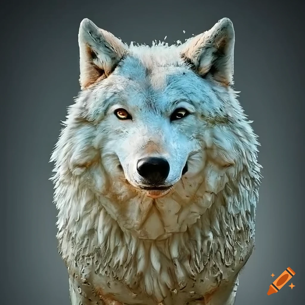 realistic depiction of a white wolf covered in mud