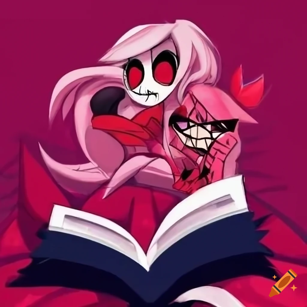 Charlie and Vaggie from Hazbin Hotel reading on bed