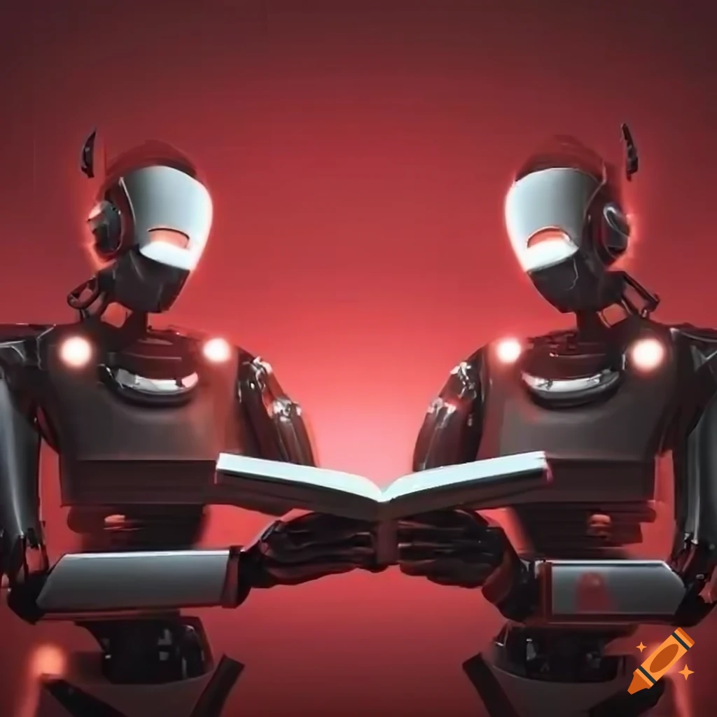 futuristic robot reading a glowing book in a sci-fi room