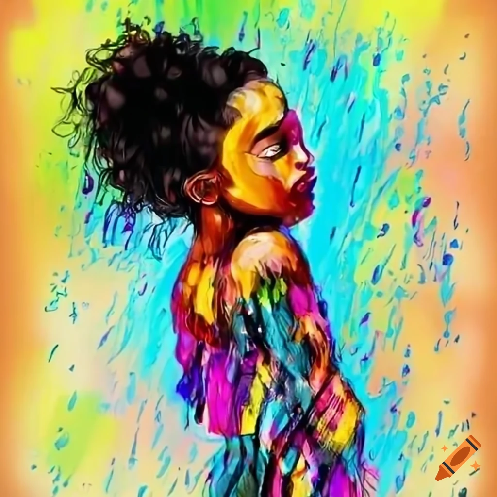 Black girl walking in the rain with heart-shaped raindrops