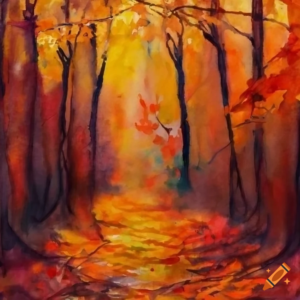 watercolor of autumn woods with colorful leaves