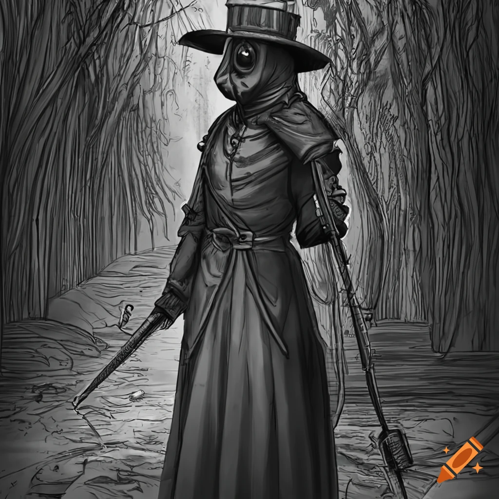 pencil drawing of a detailed plague doctor