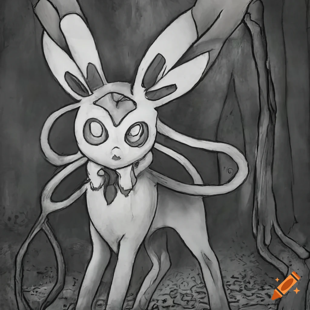 Spooky black and white illustration of sylveon on Craiyon