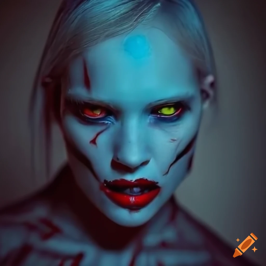 cyborg with glowing blue eyes and blood