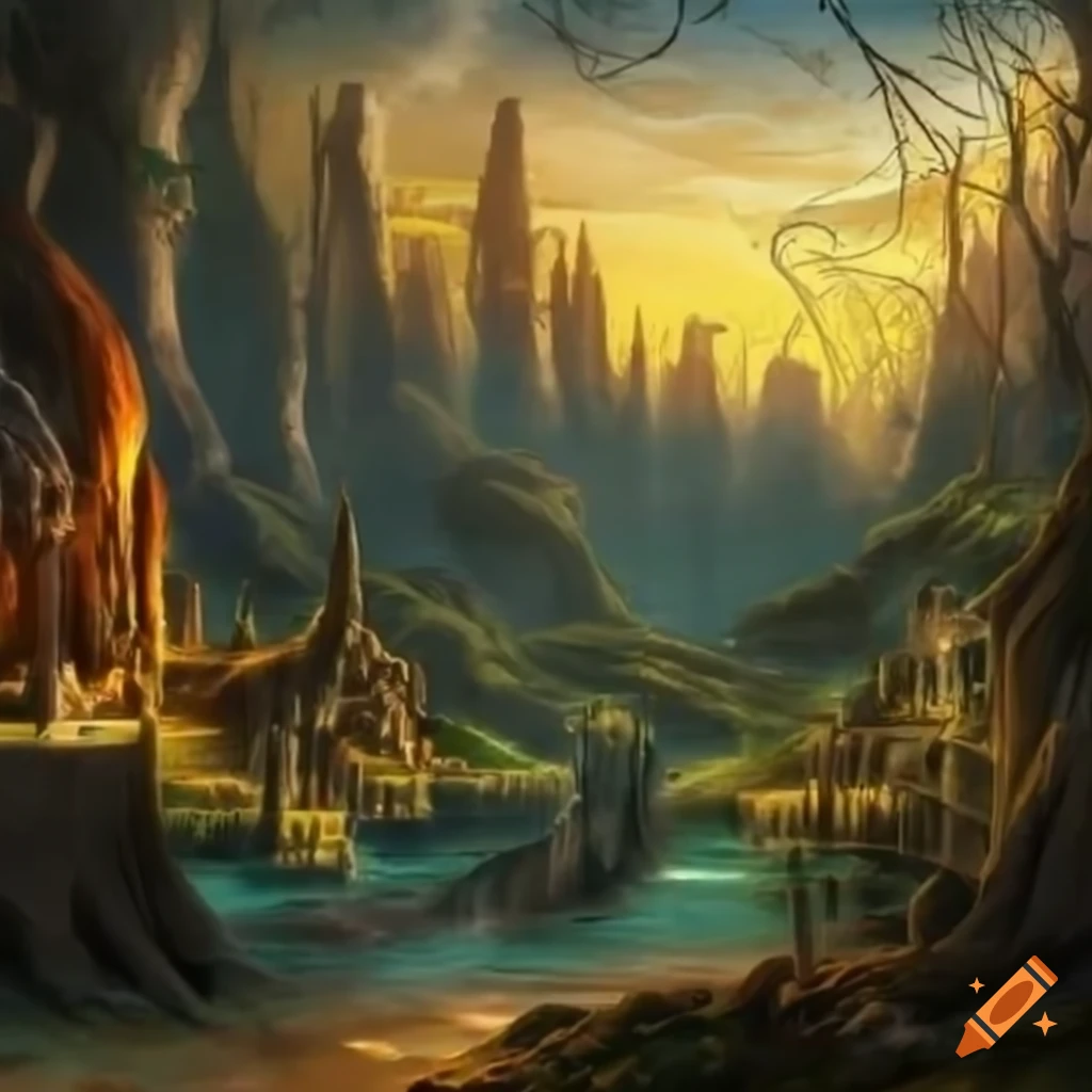 paysage elfique et manifique avec palais au loin