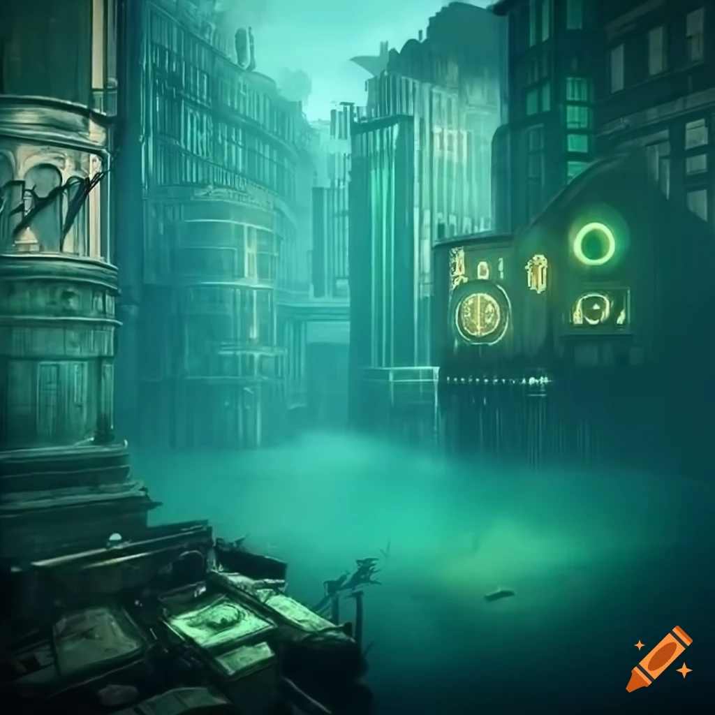 dieselpunk-themed underwater street in Bioshock Rapture