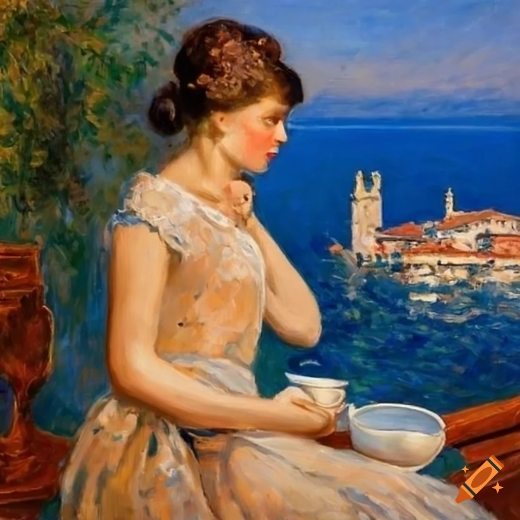 impressionist painting of a young lady on a balcony with a coastal town view