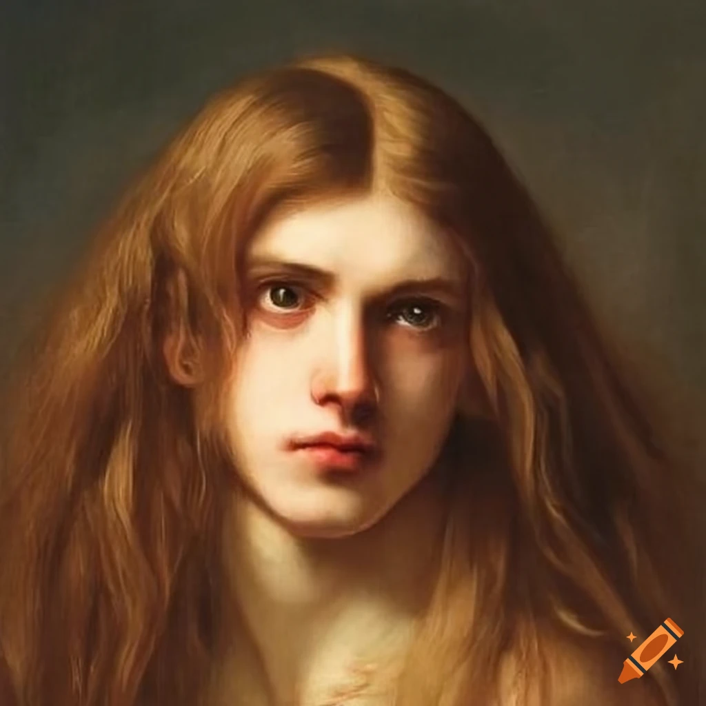 Pre-Raphaelite style portrait of a young man with long hair