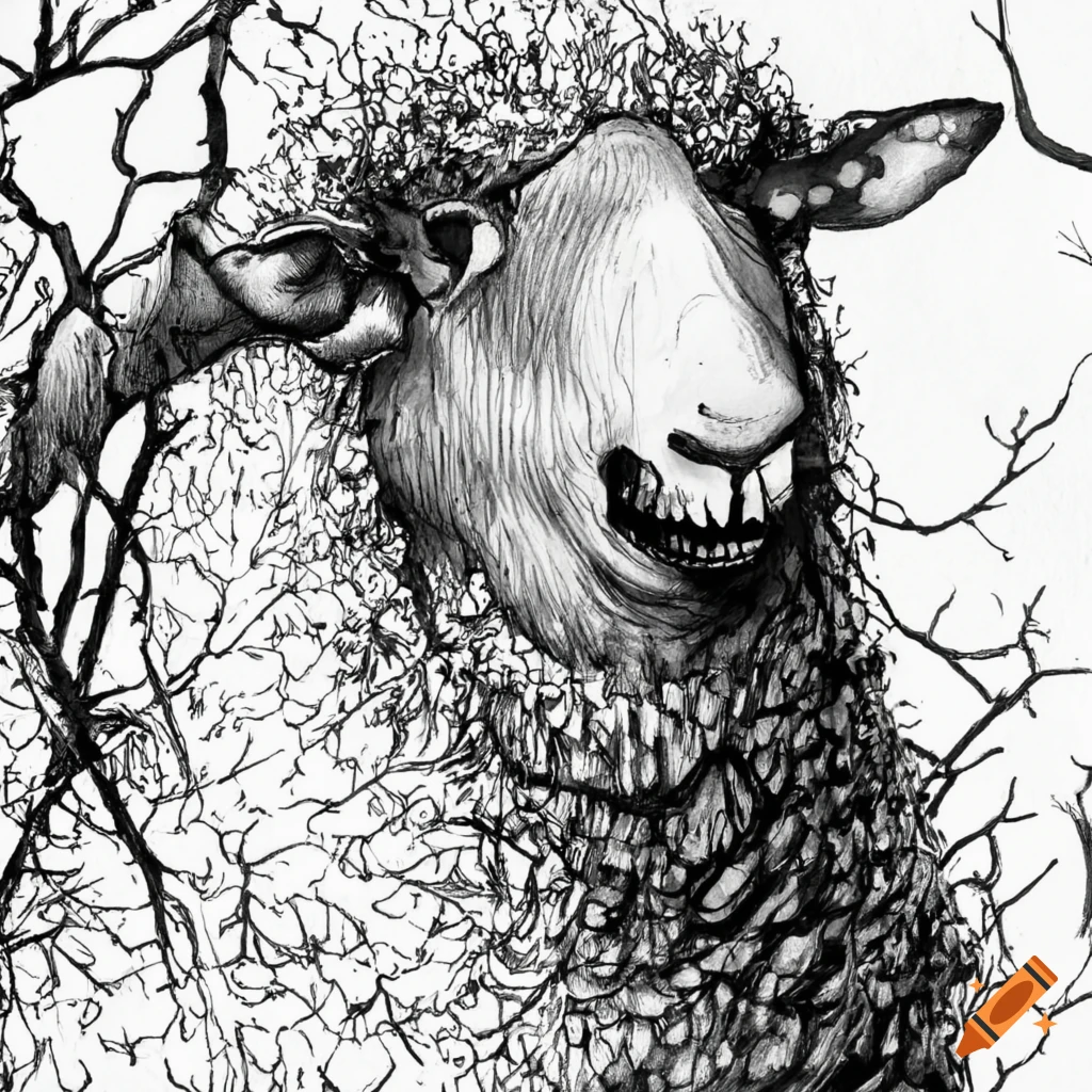 Creepy ink drawing of a spooky sheep on Craiyon