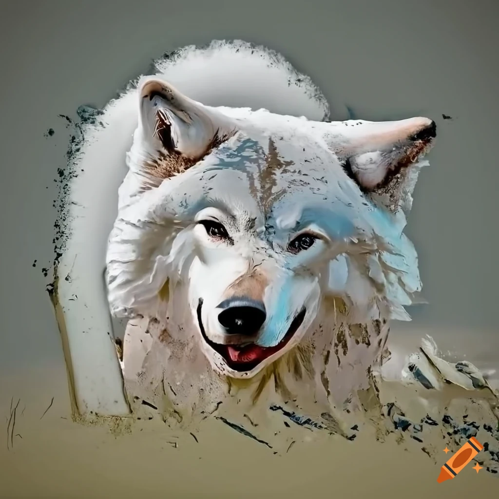 muddy white wolf covered in mud