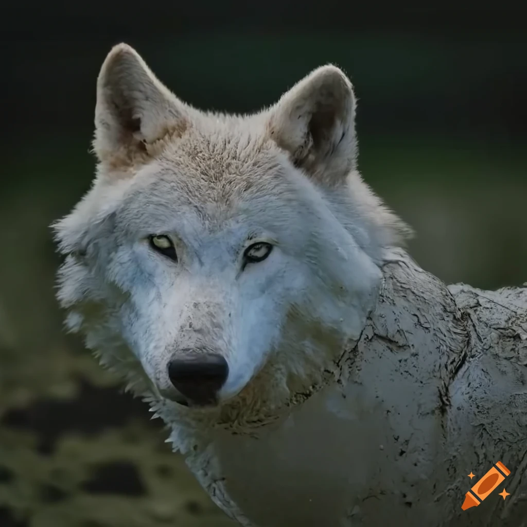 artwork of a muddy white wolf