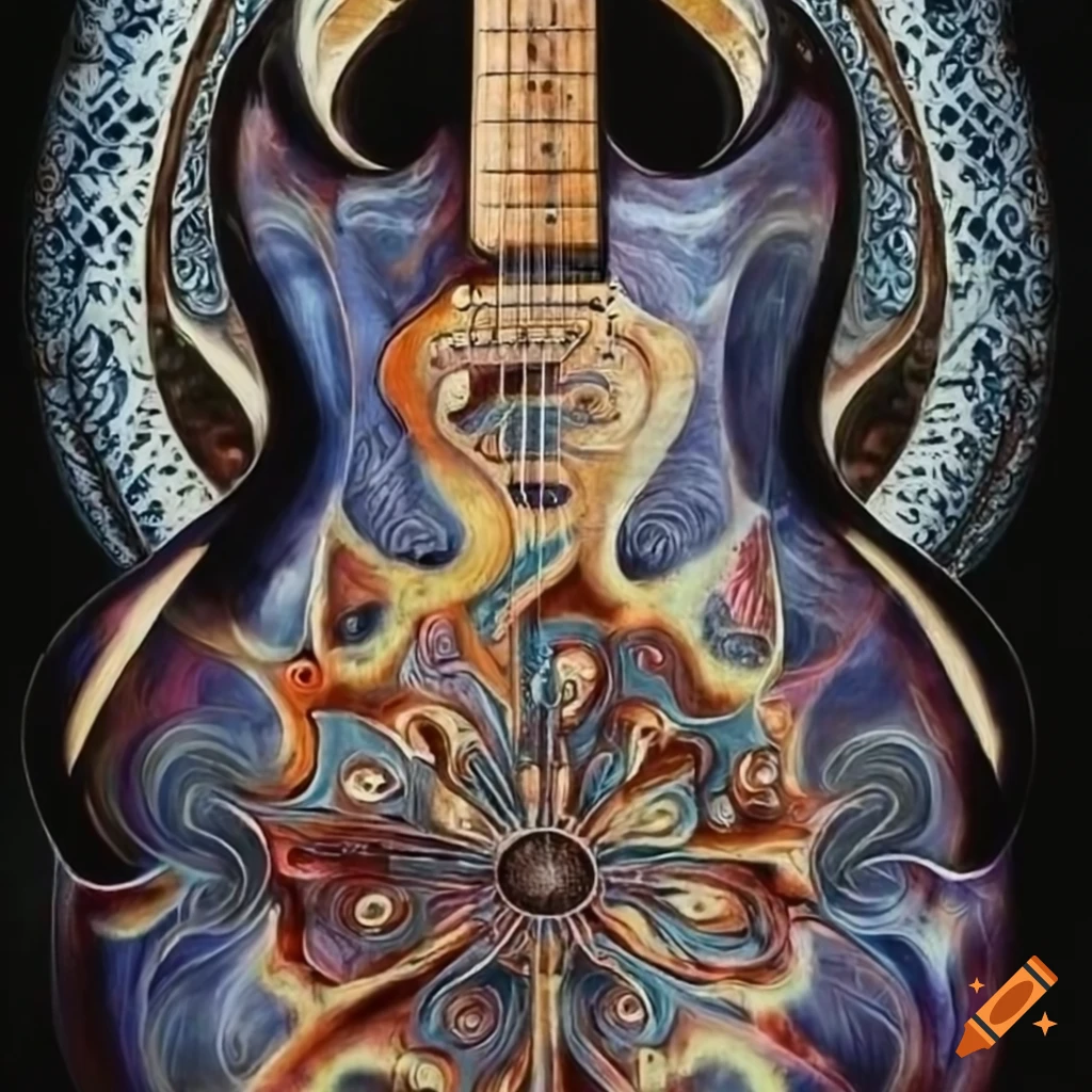 symmetrical painting of guitars in Alex Grey style