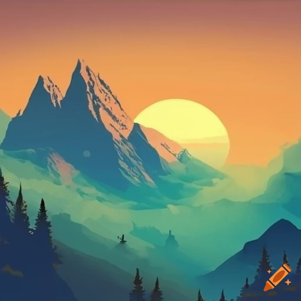 illustration of a breathtaking mountain landscape at sunset