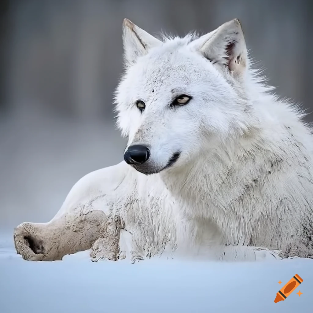 realistic photo of a dirty white wolf