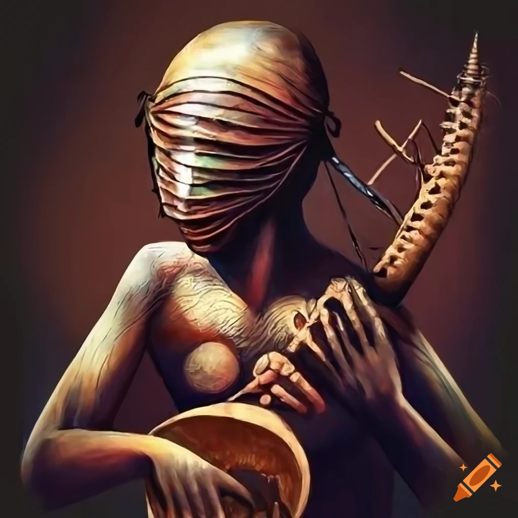 artwork of Onibaba playing a Biwa with metal mask