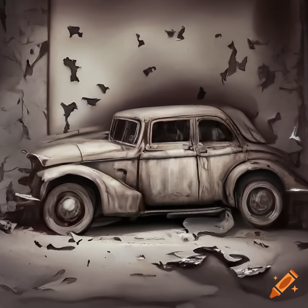 old abandoned building and vintage car with bullet holes