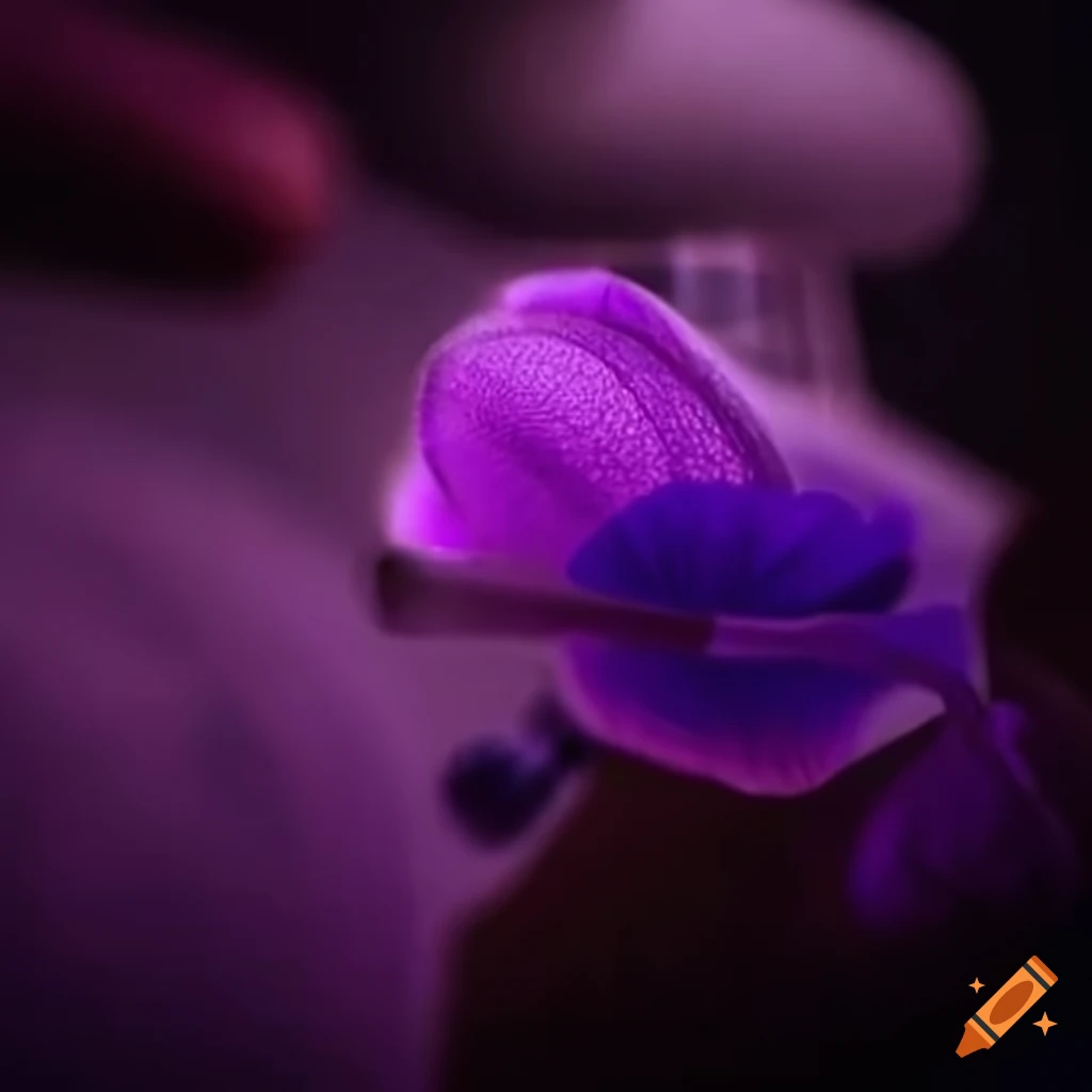 scientist observing a violet flower under a microscope