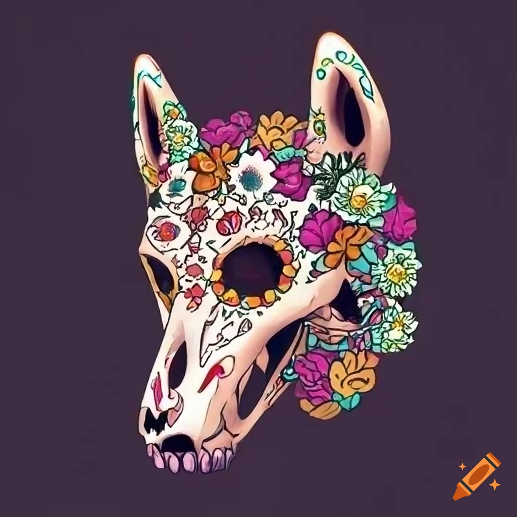 Dia de los Muertos inspired wolf skull artwork