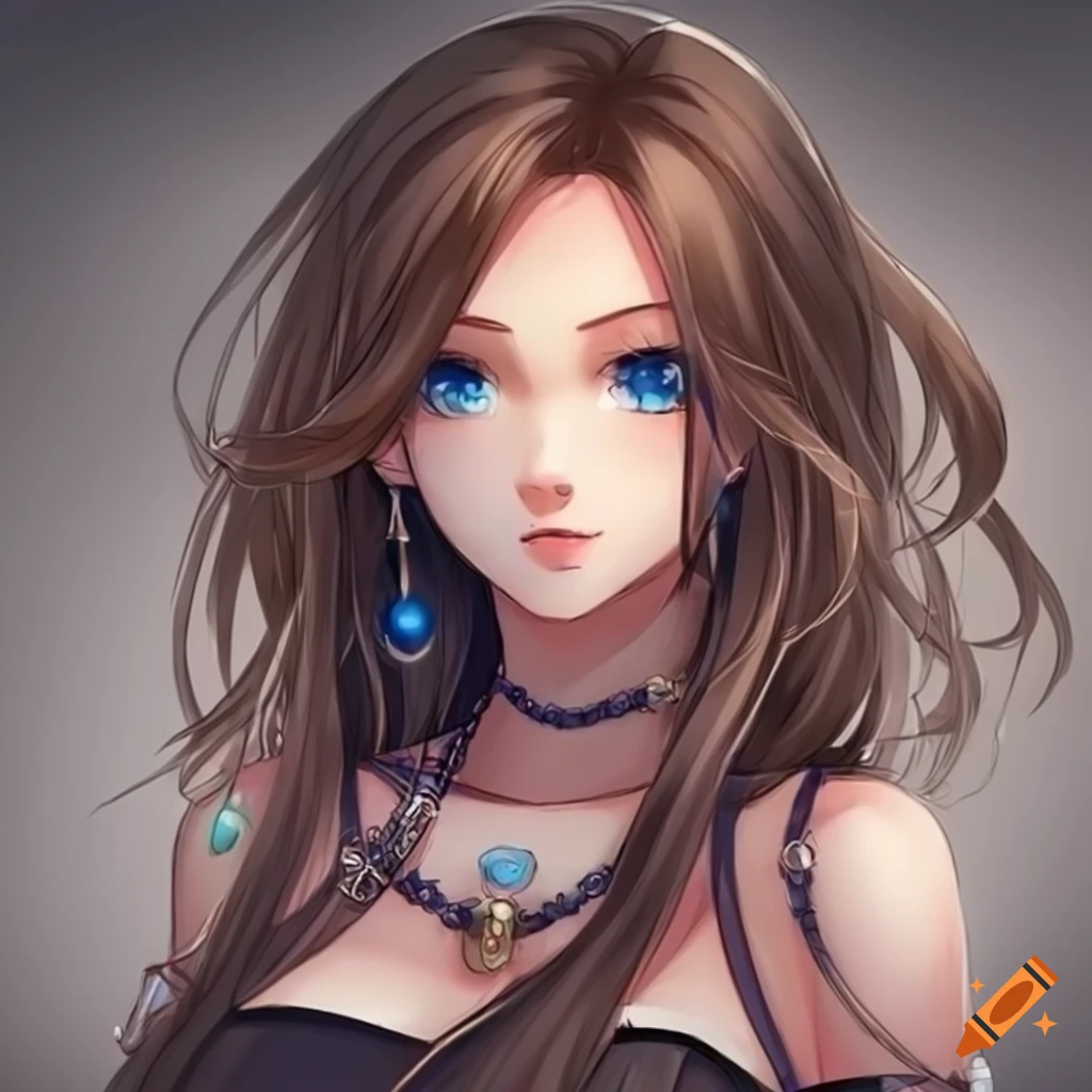 anime girl with long brown hair and blue eyes