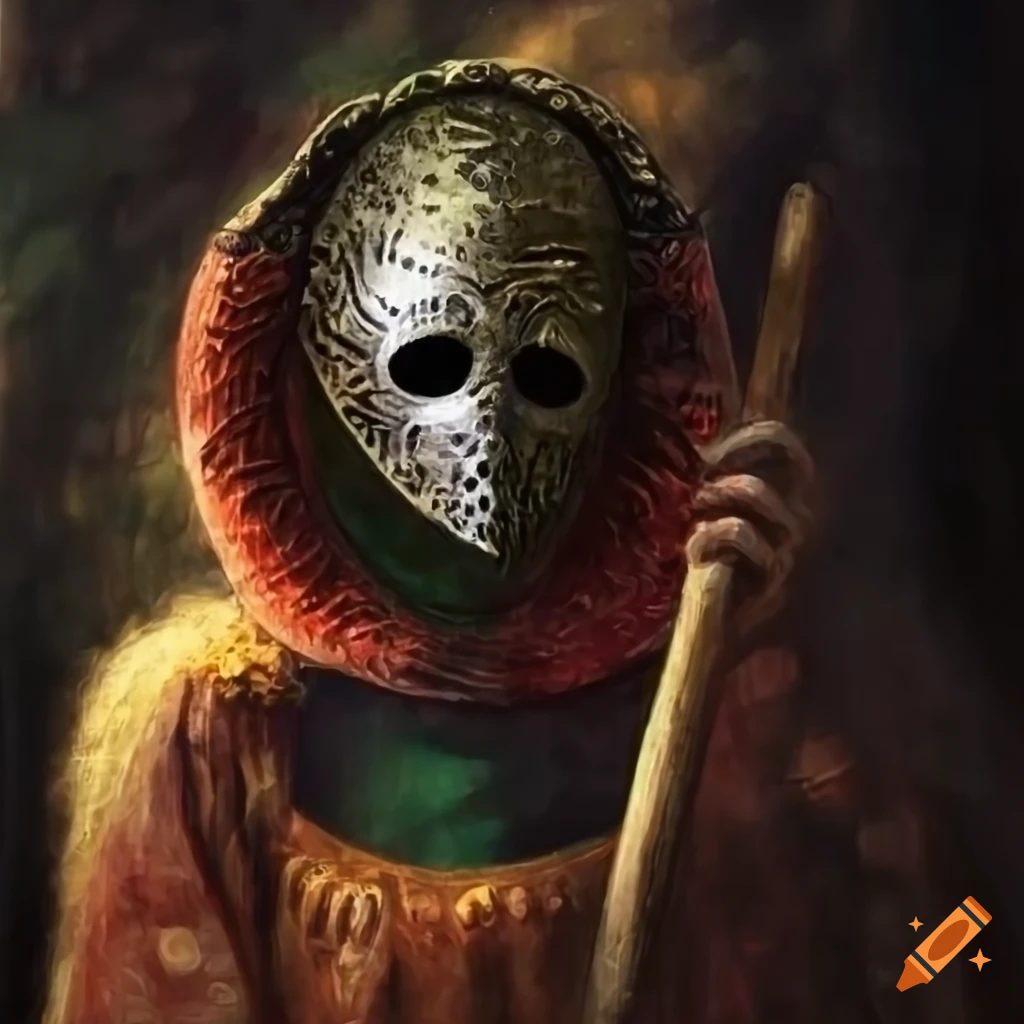 painting of Onibaba playing a Biwa with a metal mask