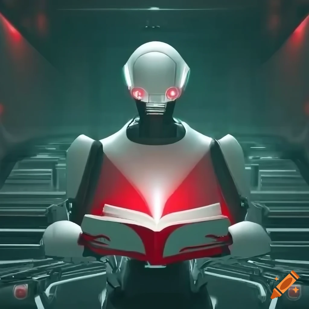 futuristic robot reading a glowing book in a red-lit room