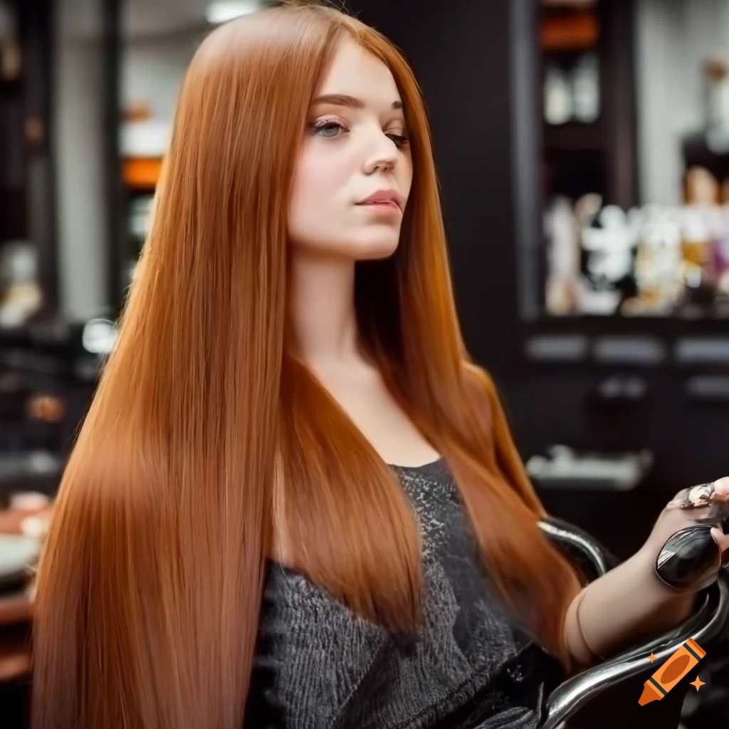 profile view of a girl with long auburn hair in a barber shop