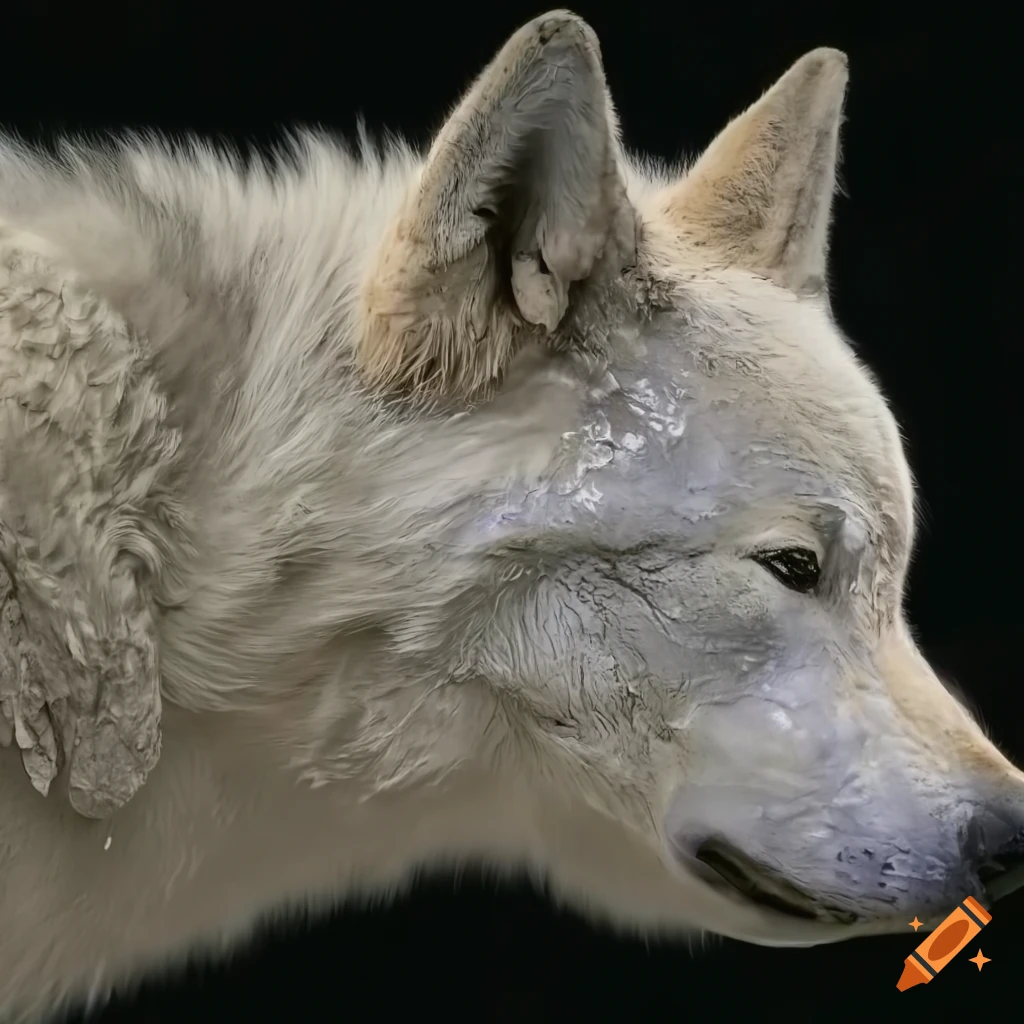 realistic depiction of a mud-covered white wolf