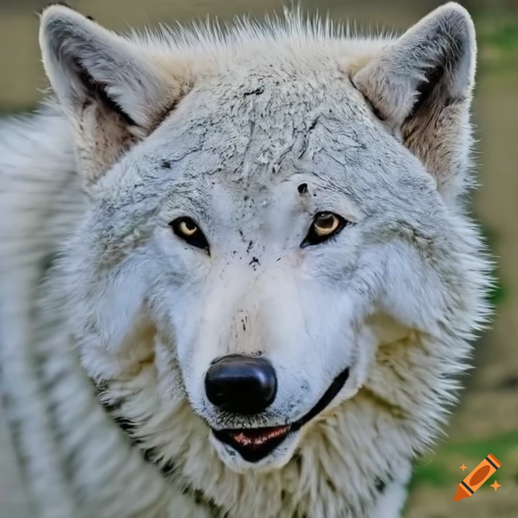realistic photo of a muddy white wolf