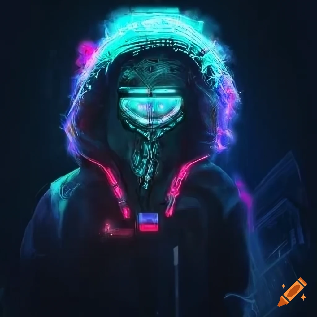 digital artwork of a cyberpunk hacker with fiber optics