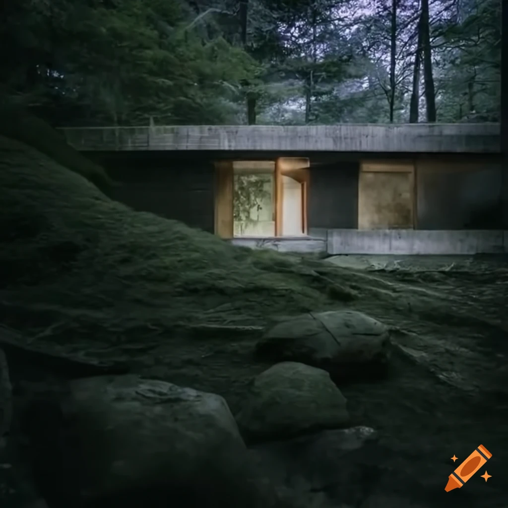 Brutalist concrete house in a mystical forest on Craiyon