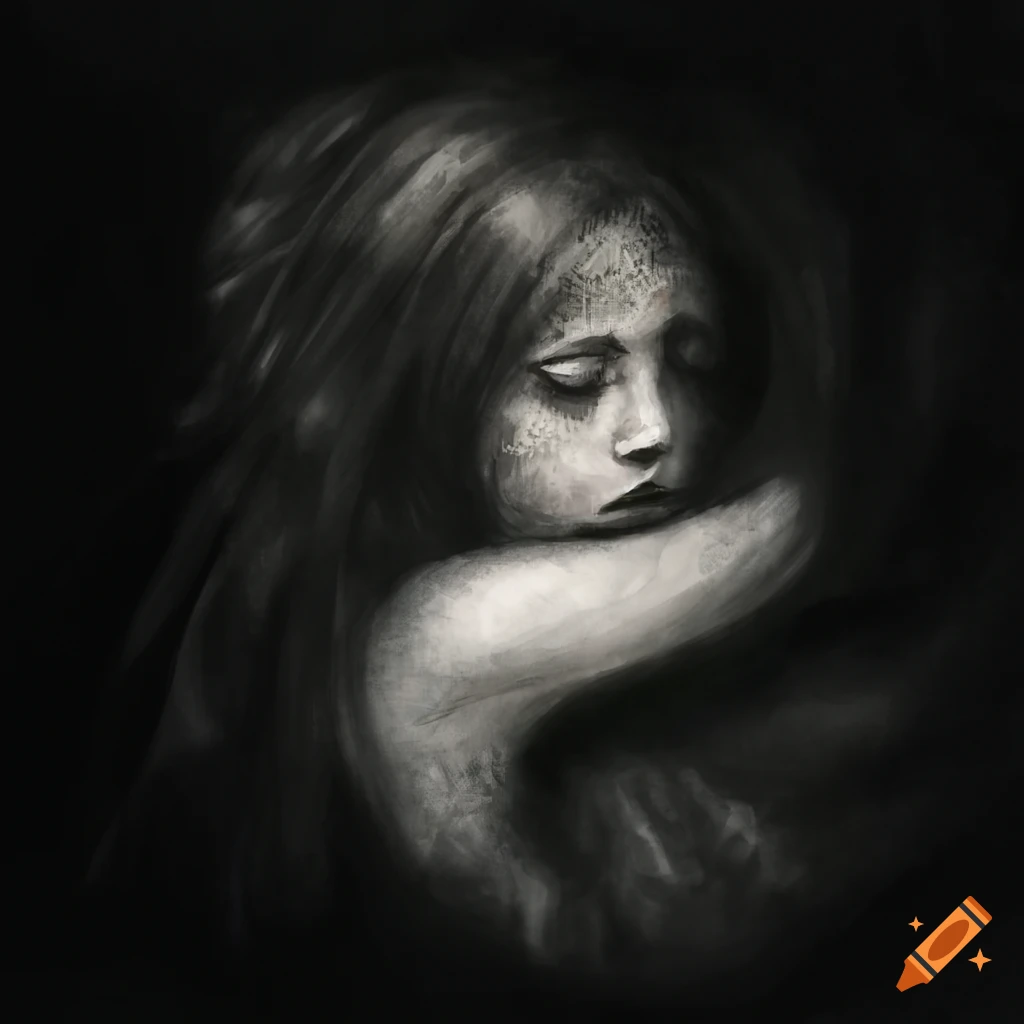 charcoal sketch of Ophelia drowning without showing her face