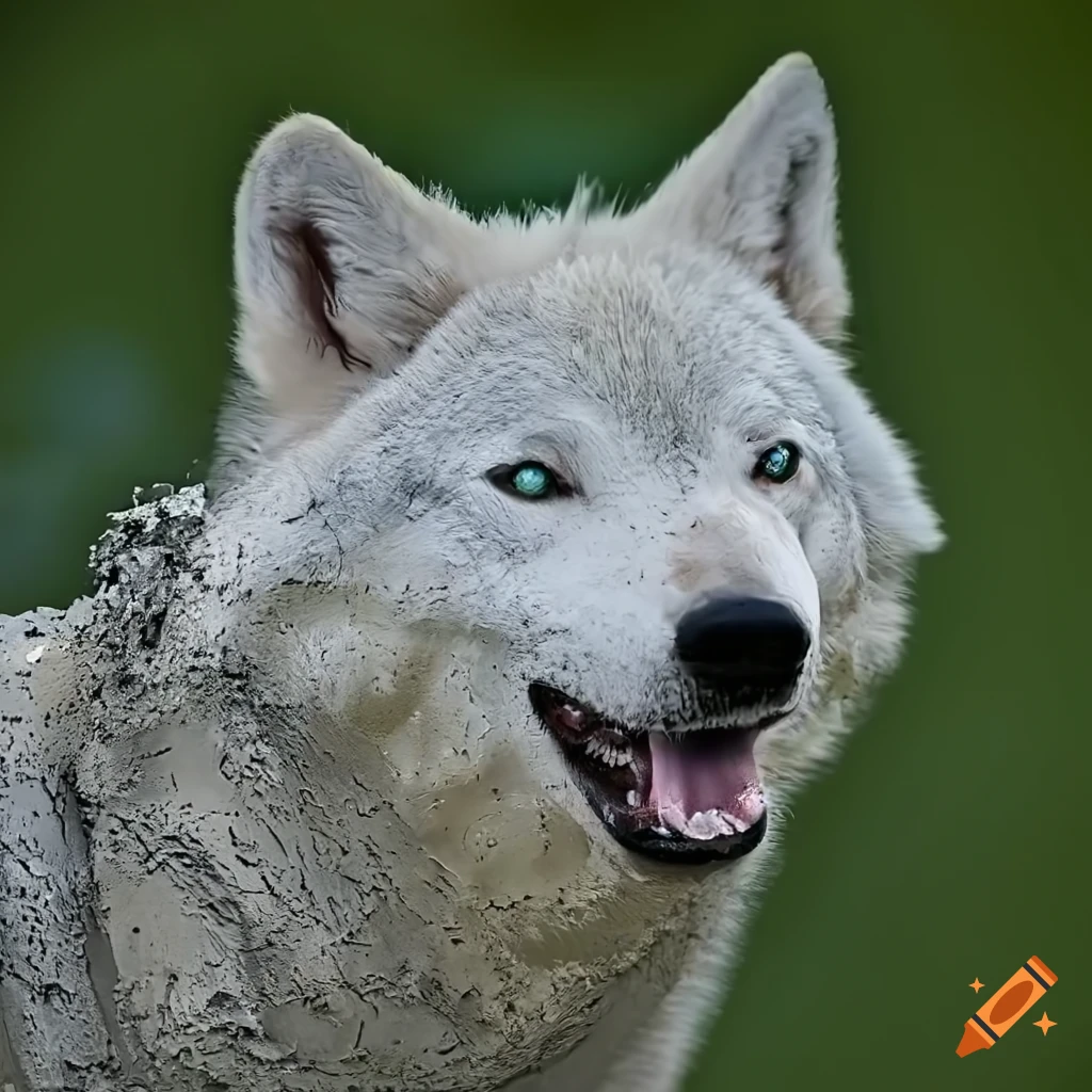 realistic art of a muddy white wolf with closed eyes